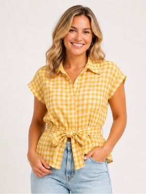 MAX STUDIO Peplum Tie Waist Blouse Yellow White Check Women’s Large NWTi